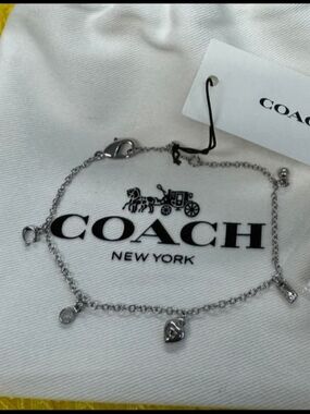Coach Silver-Tone Dainty Charm Bracelet with Heart Accents NWT